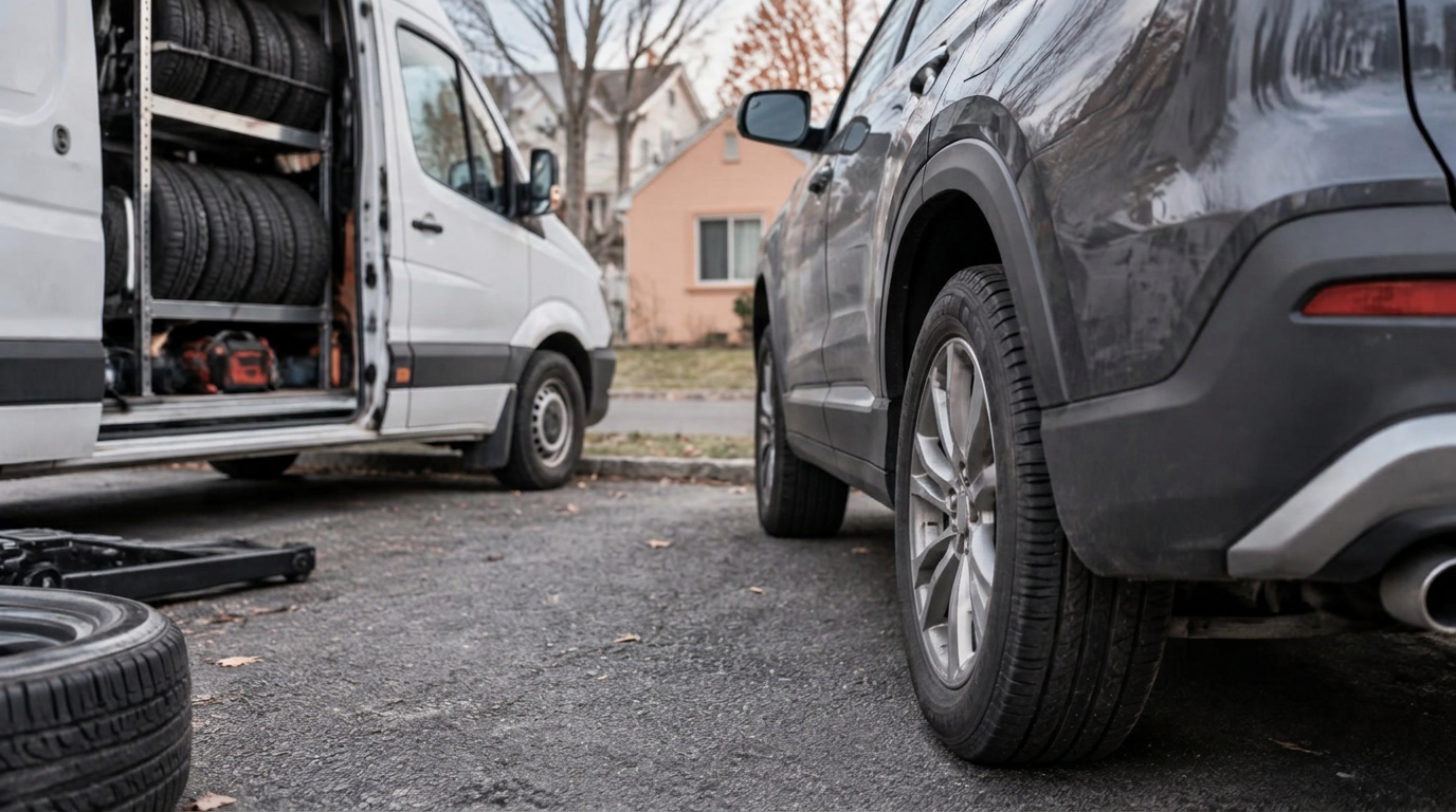 SUV and mobile tire service van with tires and equipment in a driveway